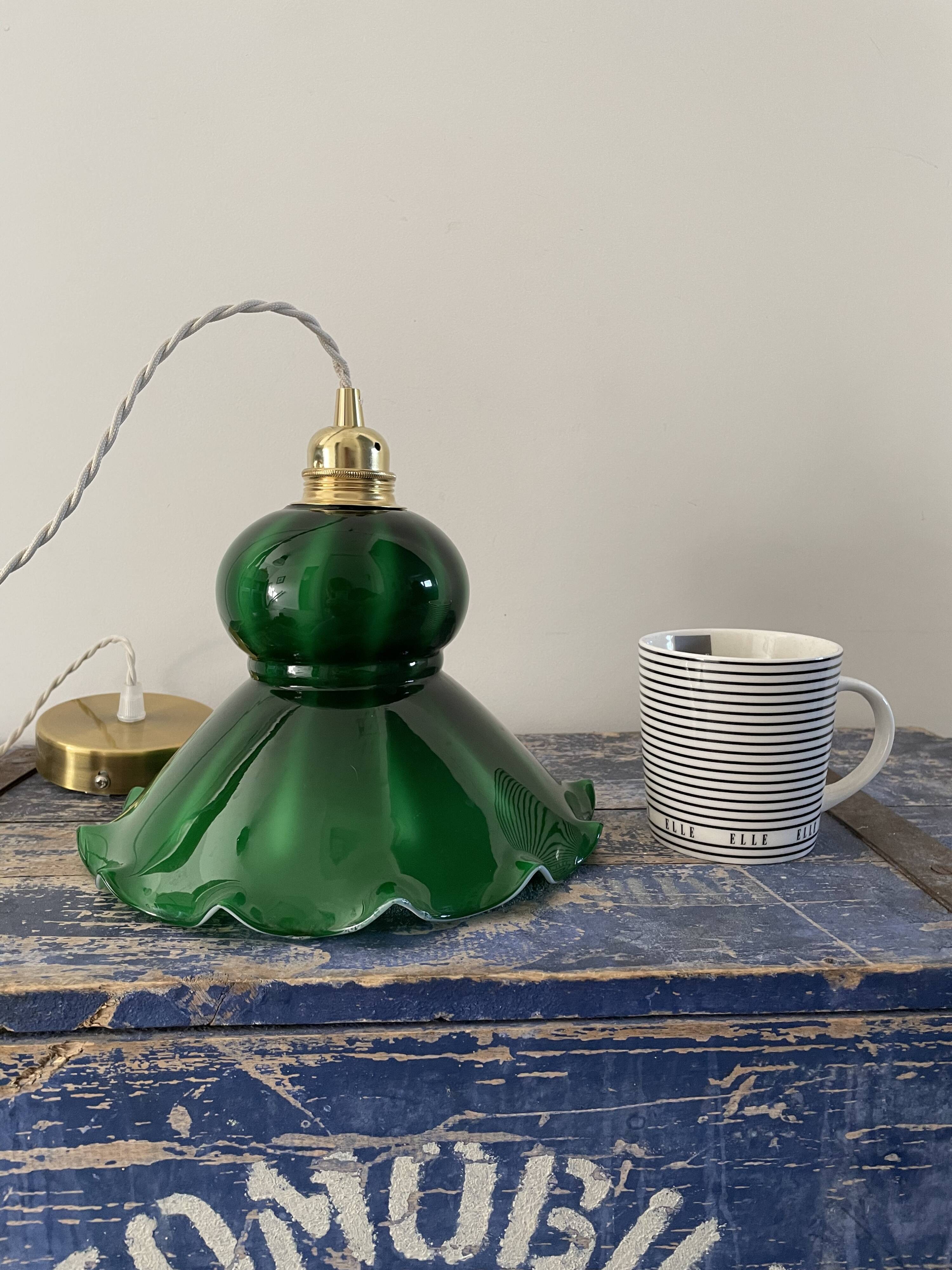 Vintage suspension lamp in marbled green opaline