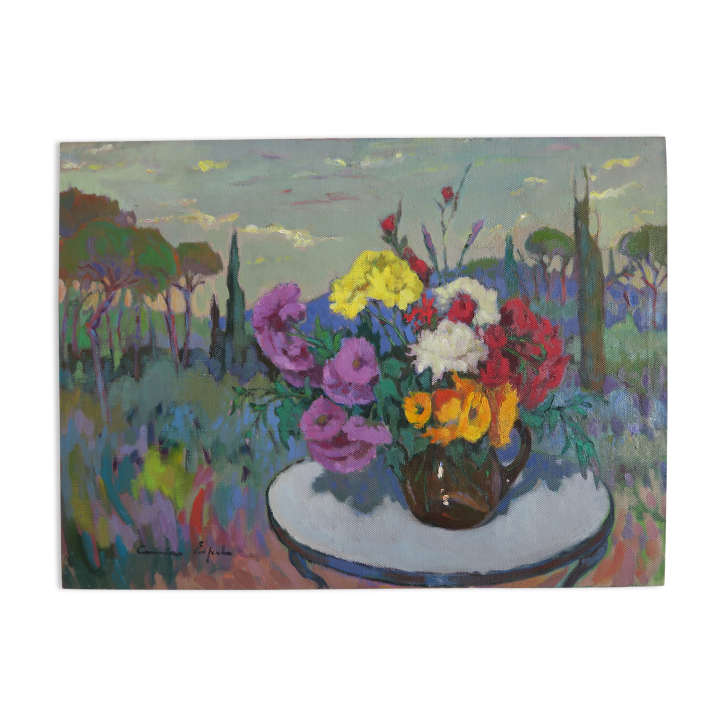 Oil on canvas of a bouquet of flowers by Espel Vives