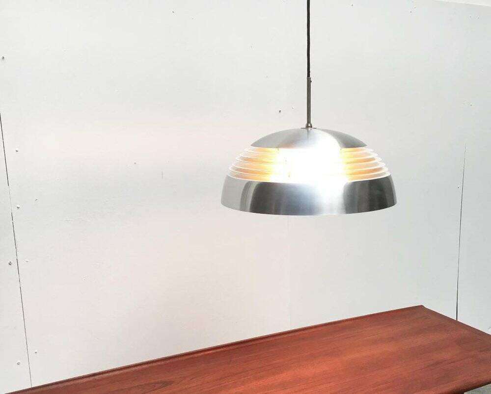 German pendant lamp in aluminium and glass from the Mid-Century space by Doria, 1960s.