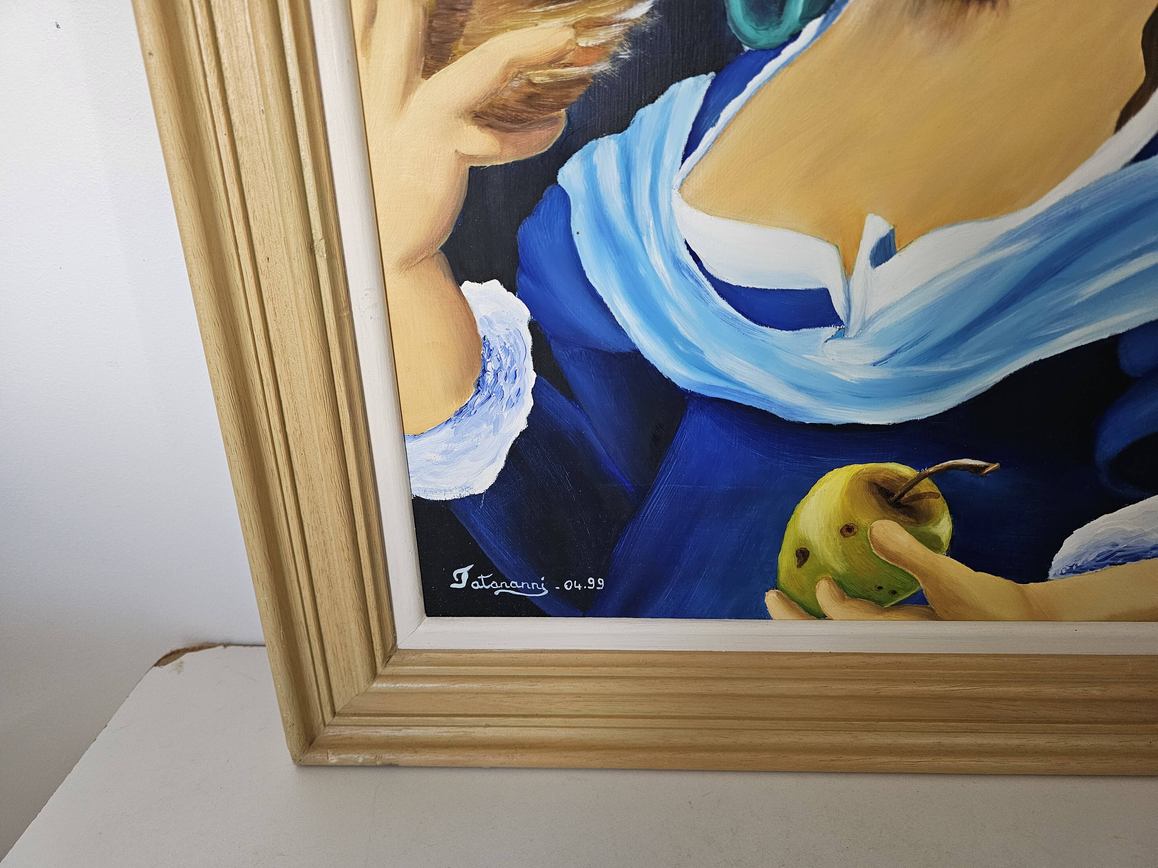 Oil painting on canvas, portrait of a woman with a dog, signed Patricia Tatananni