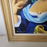Oil painting on canvas, portrait of a woman with a dog, signed Patricia Tatananni