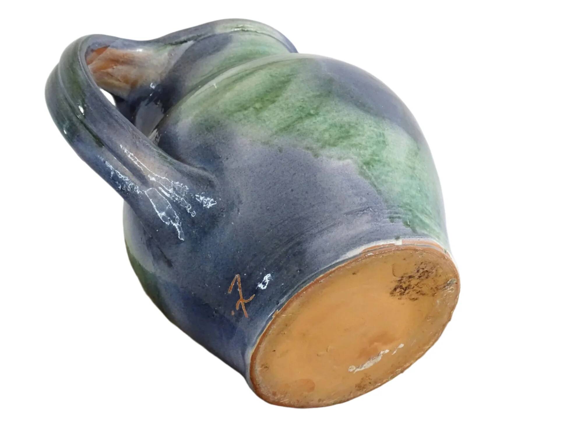 Cruche ou orjol en faïence française ancienne à glaçure bleue et verte