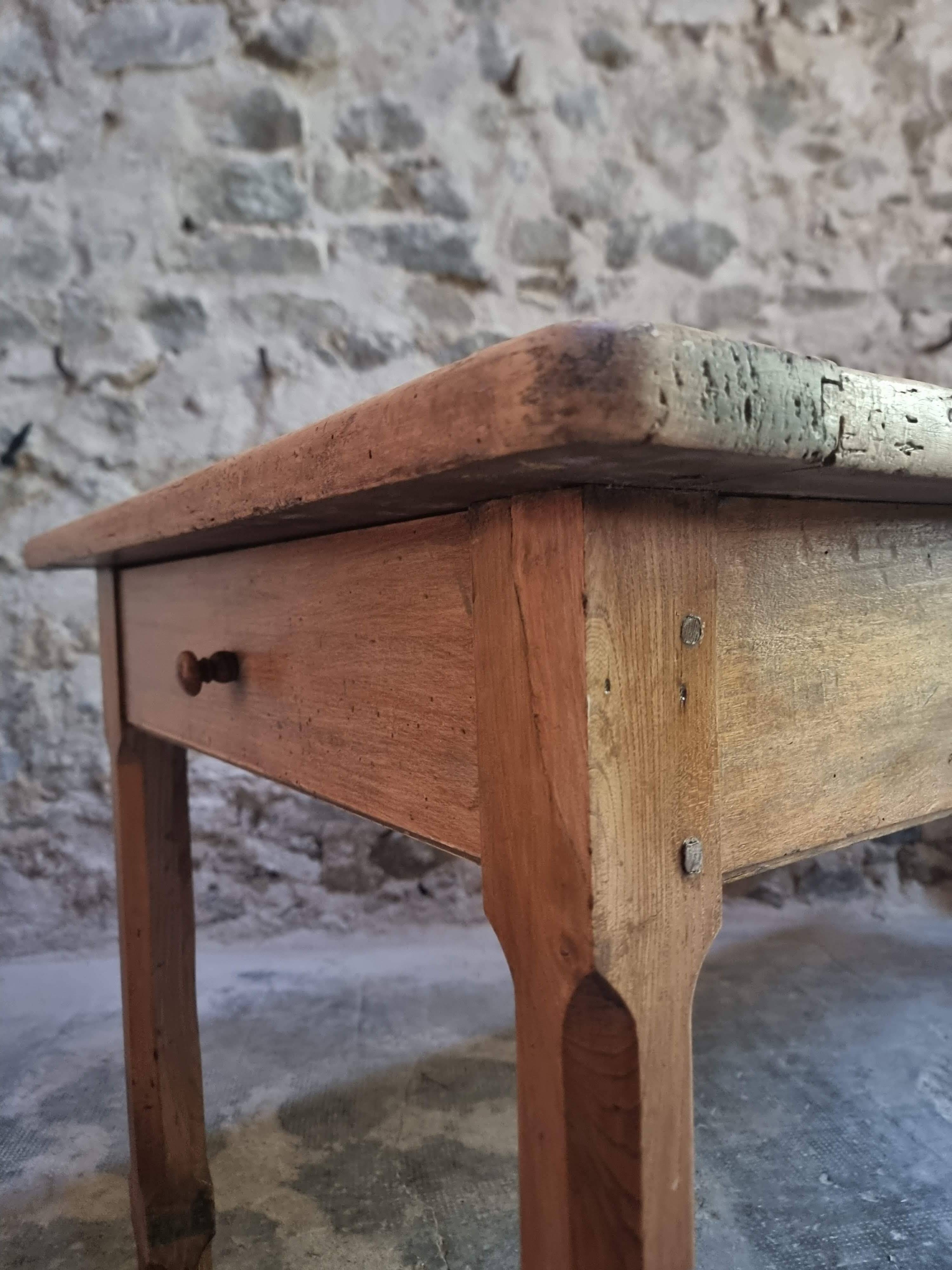 Old farmhouse dining table, rustic kitchen, poplar top, chestnut base, two drawers, 1800–1850.