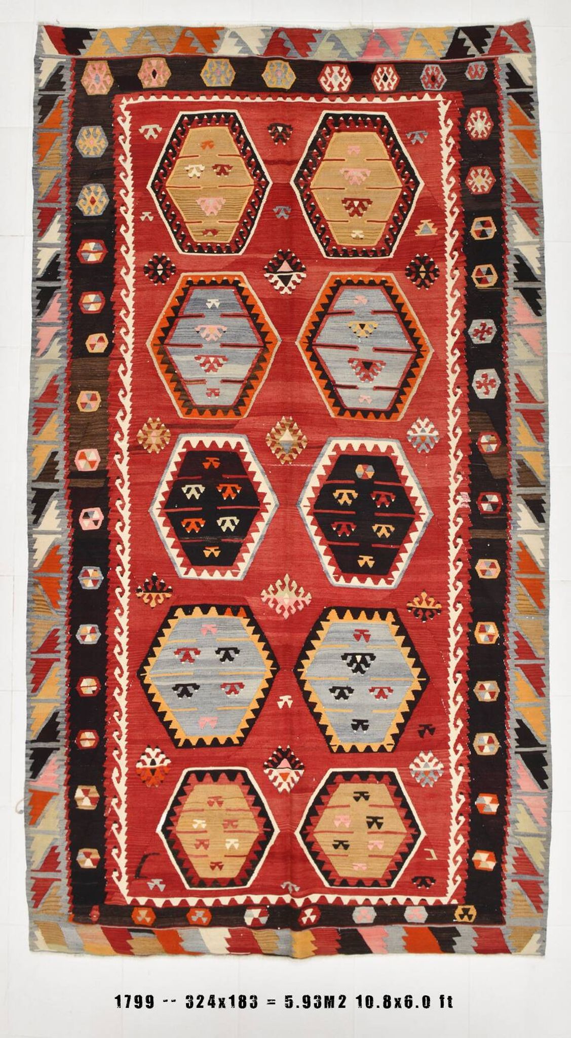 %100 Wool Turkish Vintage Kilim Rug, Mid Century Modern, 183x324 Cm