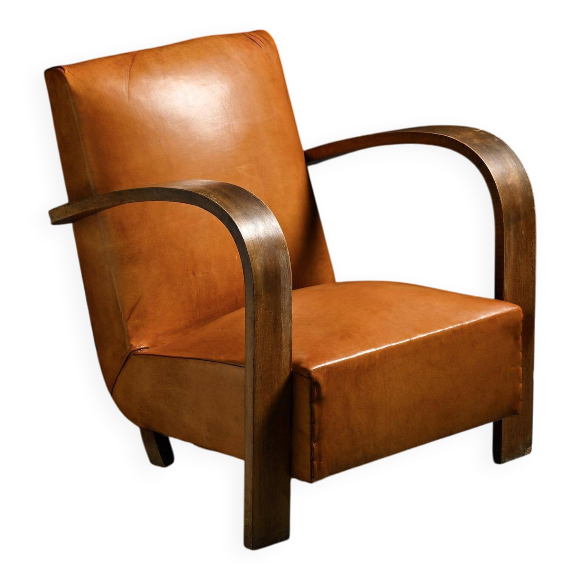 Art Deco club armchair in Havana leather, around 1940.