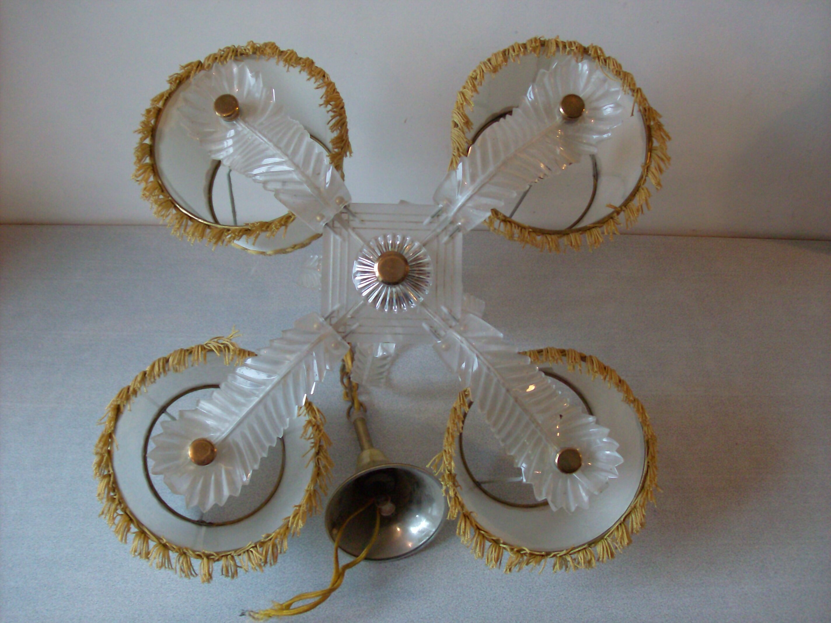 Old chandelier 4 lights plastic sheet and lampshade vintage lighting