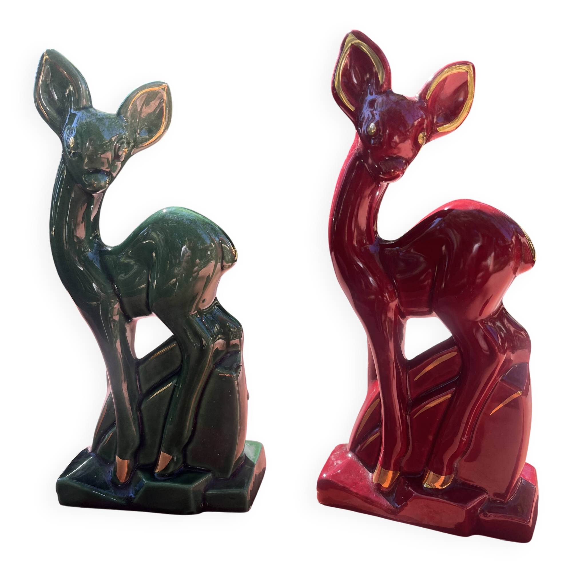 Pair of Art Deco deer by Charles Lemanceau in red and green ceramic.