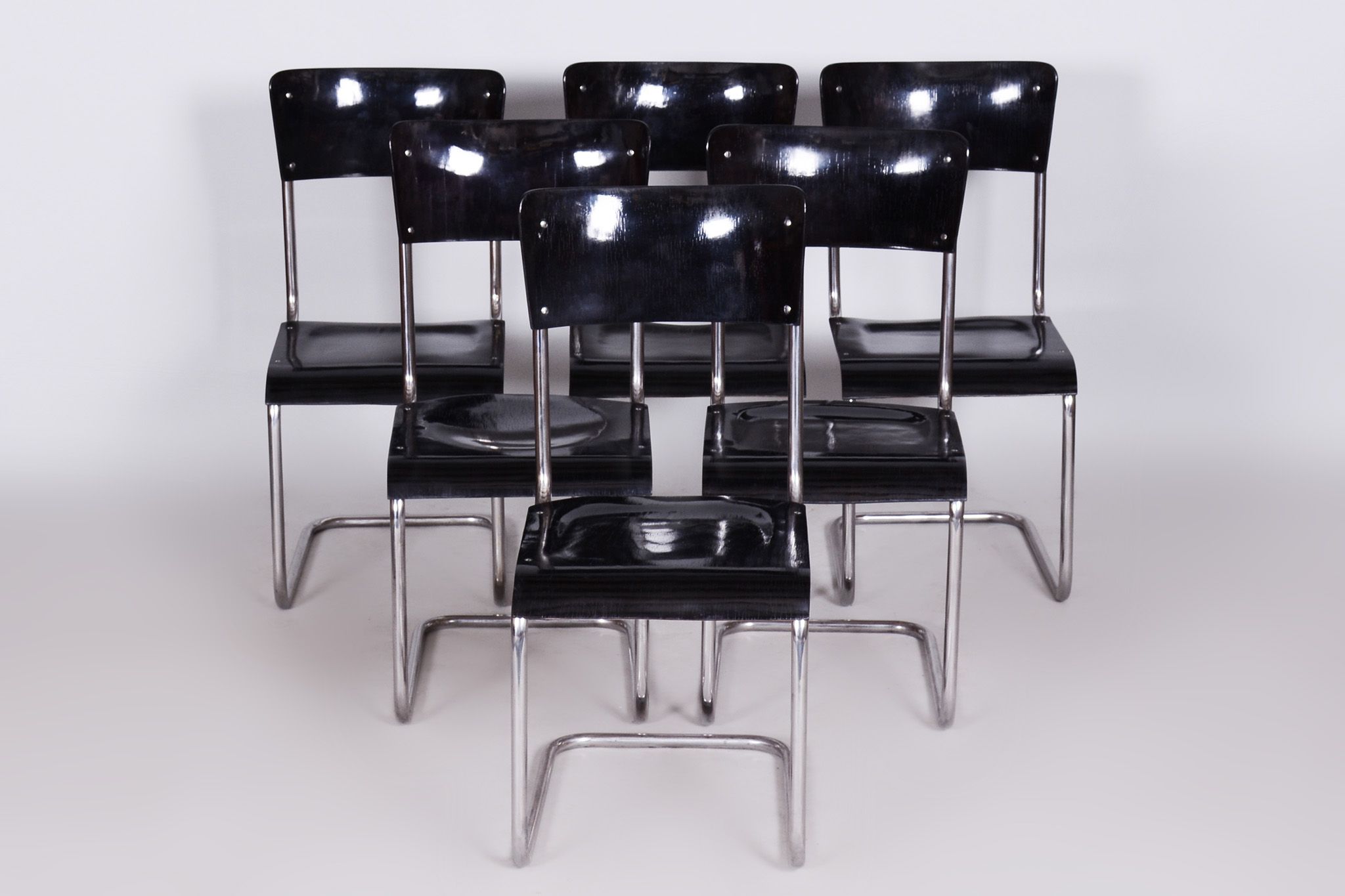 Set of 6 Vintage Bauhaus Chairs, Restored, Gloss, Vichr a Spol, Czechia, 1930s