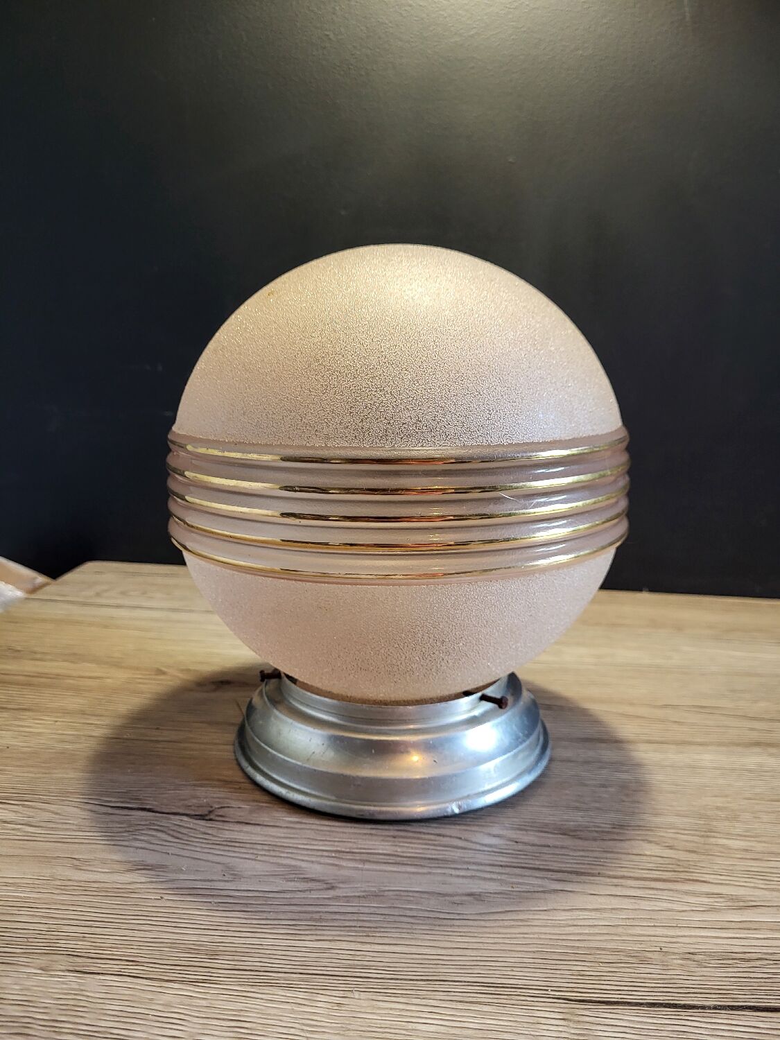 Old opaline pink ball ceiling light vintage frosted glass aluminum support suspension