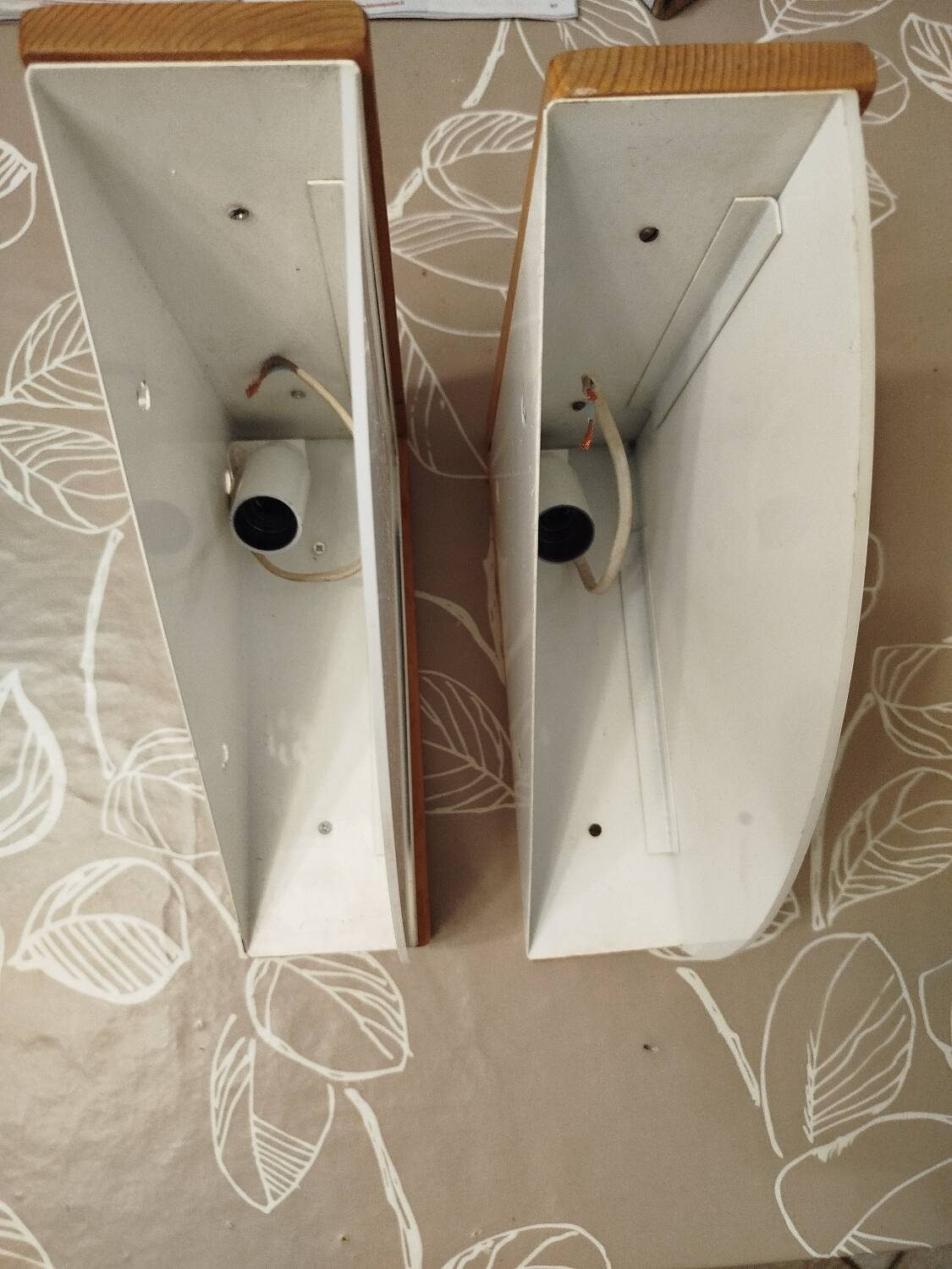 Pair of postmodern wood and plexiglass wall lights from the 1980s.