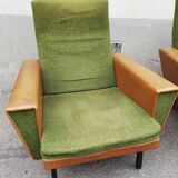 Pair of green vintage armchairs and brown skai