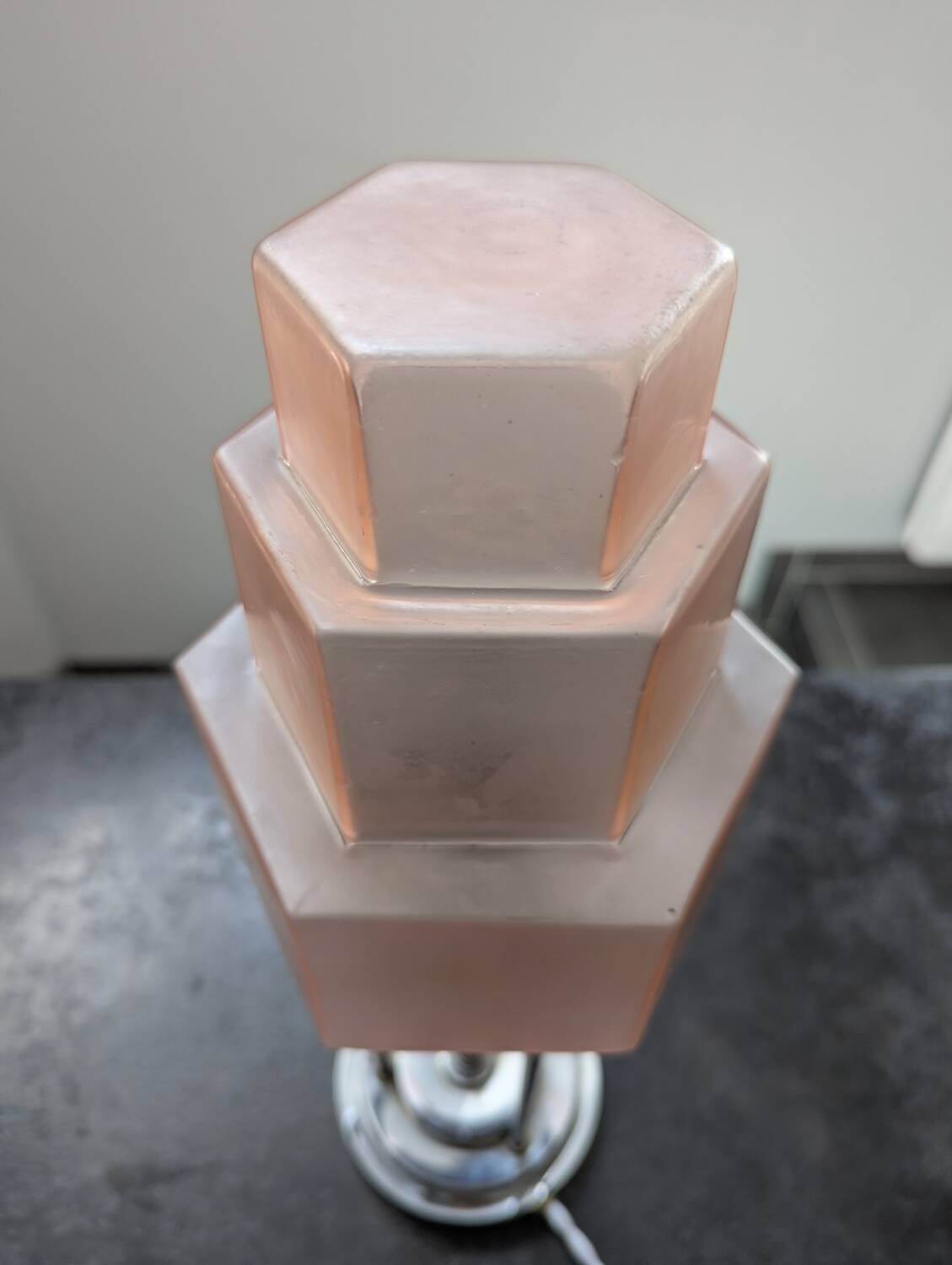 Vintage Skyscraper ceiling light, pink glass table lamp, Bauhaus Art.