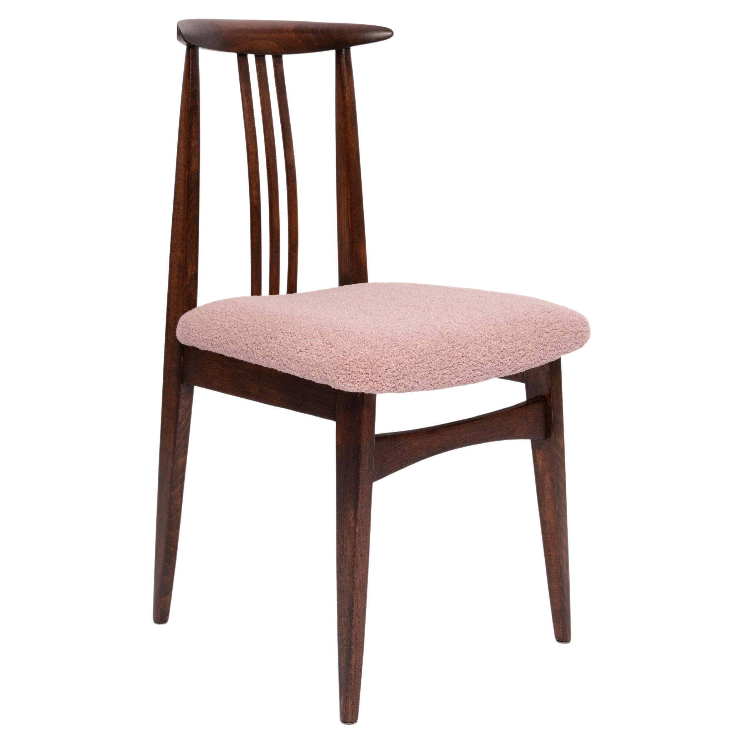 Mid-Century Beech Chair in Pale Pink Boucle, Walnut Wood, by M. Zielinski, Europe, 1960s