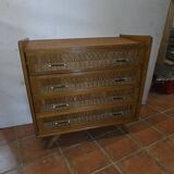 Commode vintage rotin et chêne des années 60