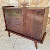 Large vintage chest of drawers with four drawers and one door in oak, circa 1960s
