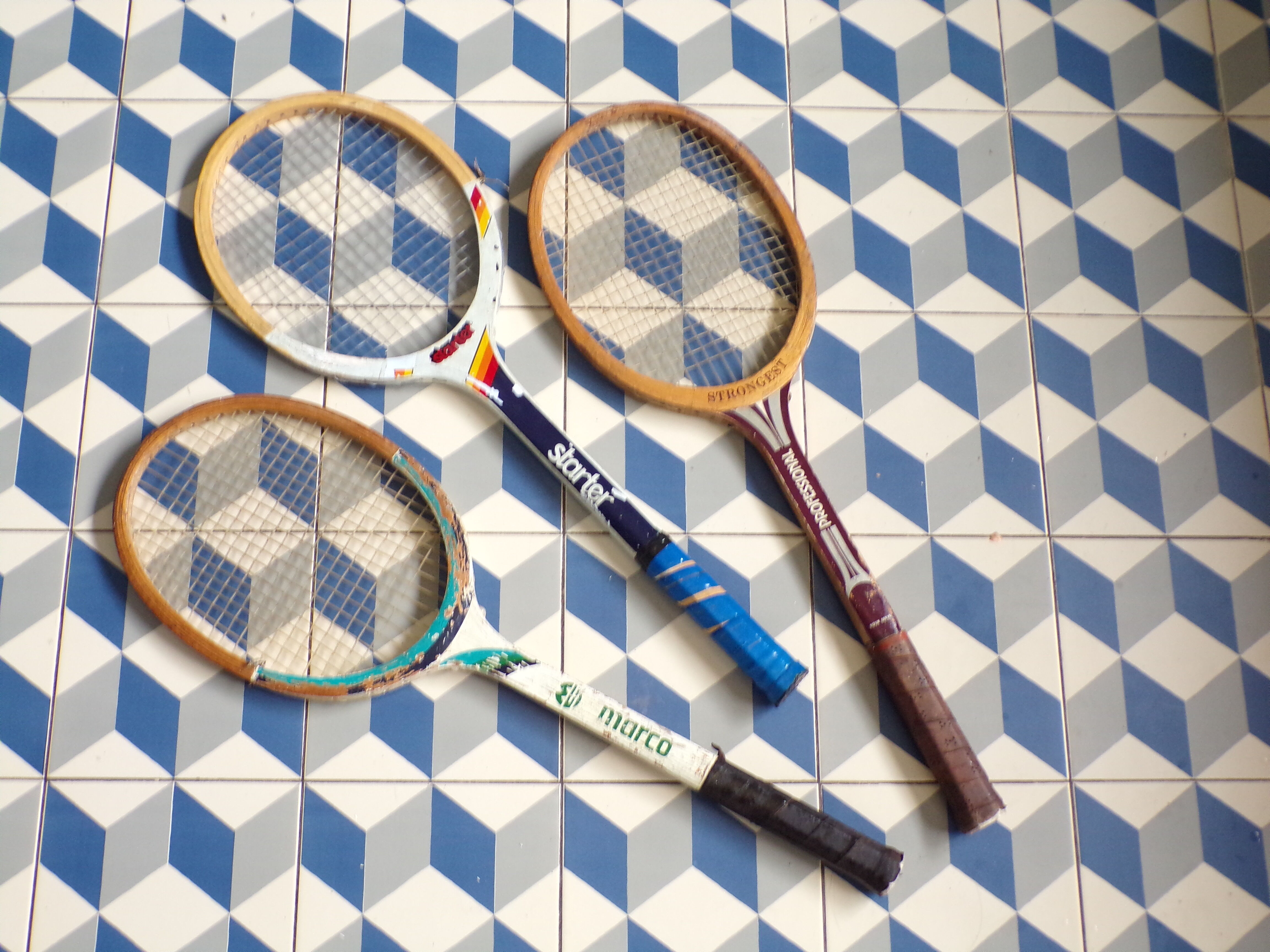 3 vintage wooden tennis rackets