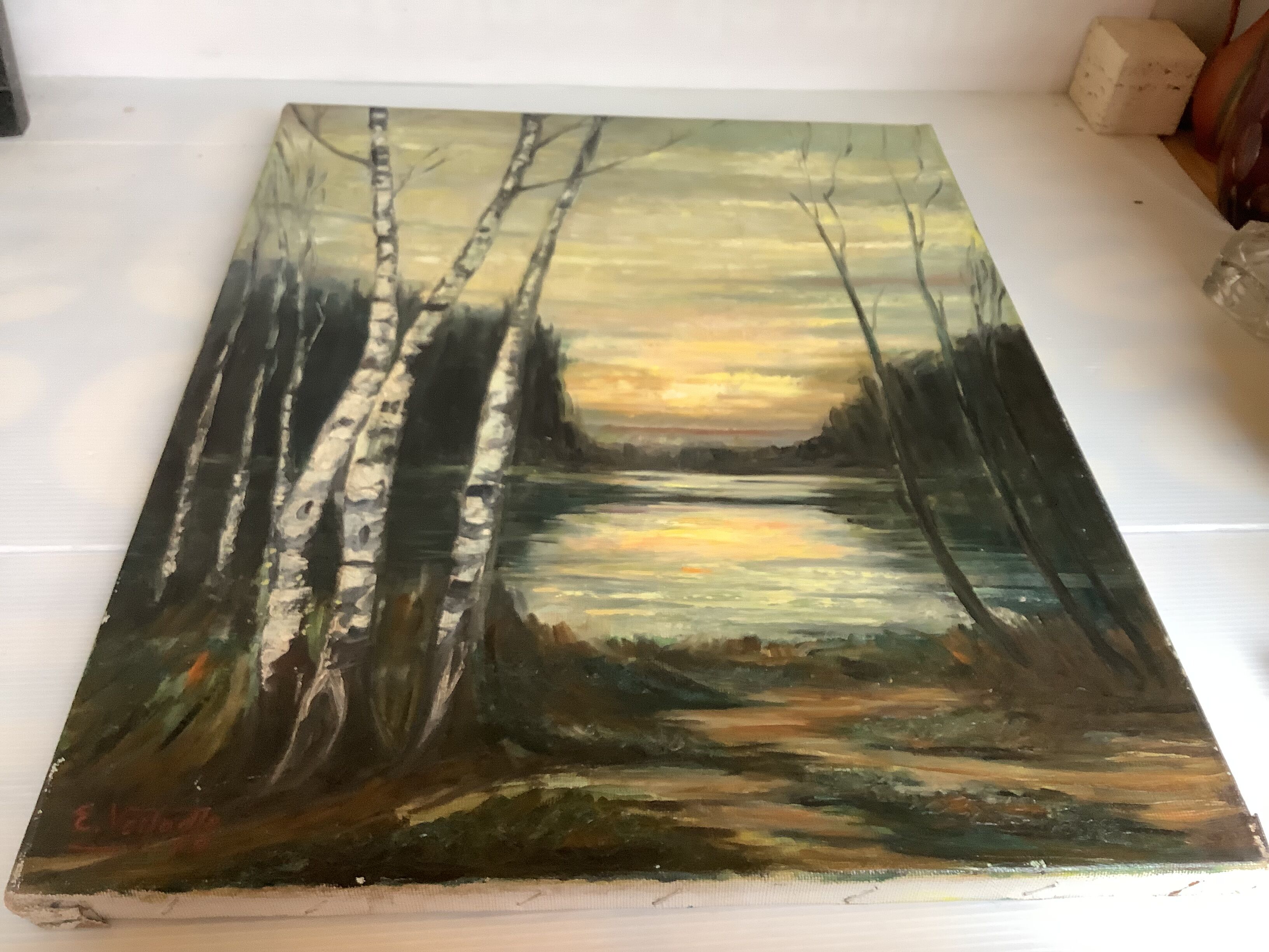 Tableau coucher de soleil huile sur toile signée