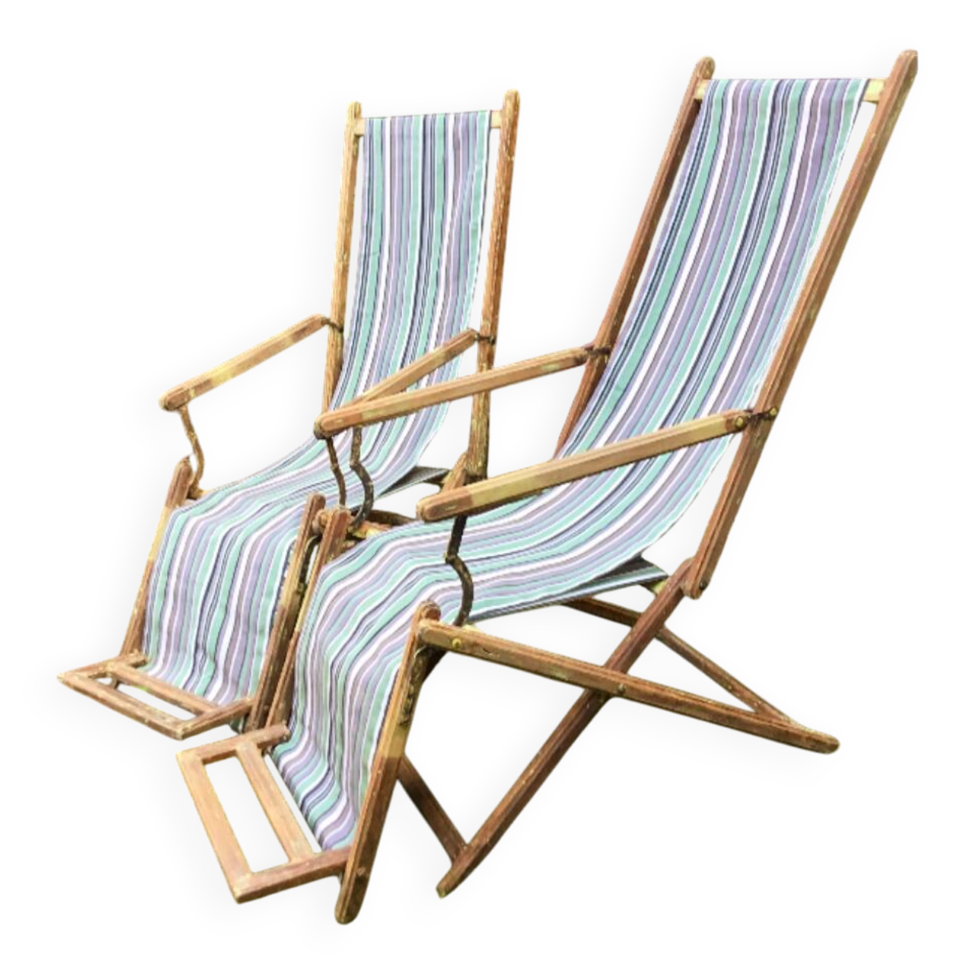 Pair of 19th-century wooden deck chairs with pegged frames and wrought iron
