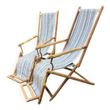 Pair of 19th-century wooden deck chairs with pegged frames and wrought iron