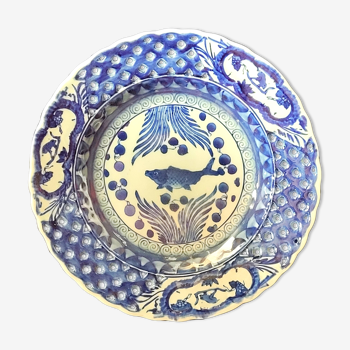 Assiette bleu vintage Asie Chine à décor de poisson carpe
