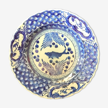 Vintage blue plate Asia China decorated with carp fish