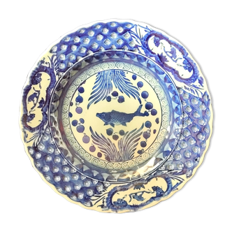 Assiette bleu vintage Asie Chine à décor de poisson carpe