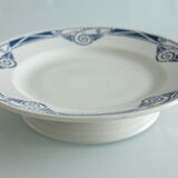 Ancien plat à gâteaux français piédouche art déco bleu&blanc