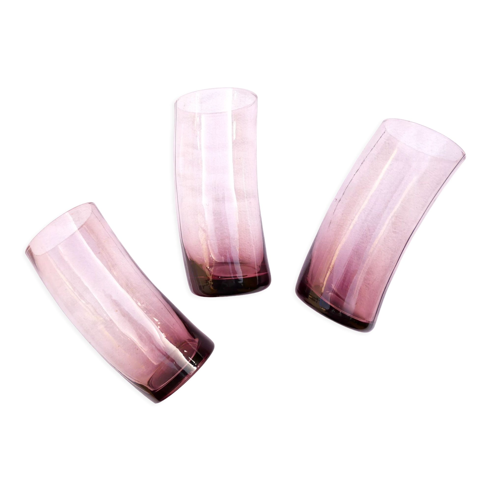 Set of 3 bent purple water glasses