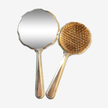Vintage hand mirror set and silver metal brush