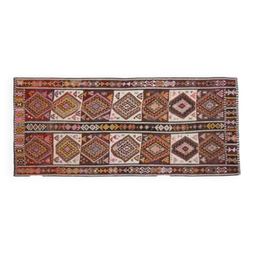 Tapis de couloir vintage turc Oushak fait main en laine et coton marron, années 1970