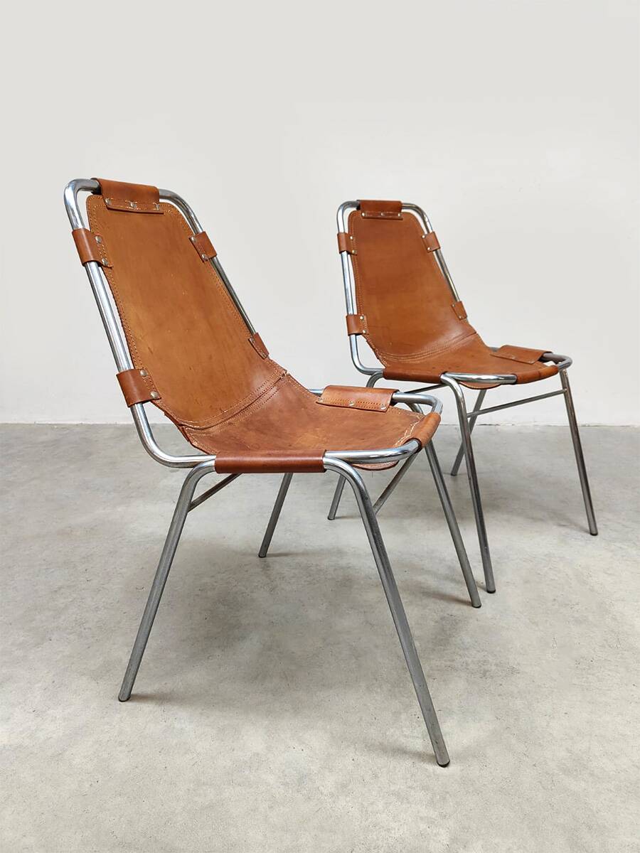 Vintage Italian design Les Arcs chairs camel leather Charlotte Perriand for Dal Vera 1970s