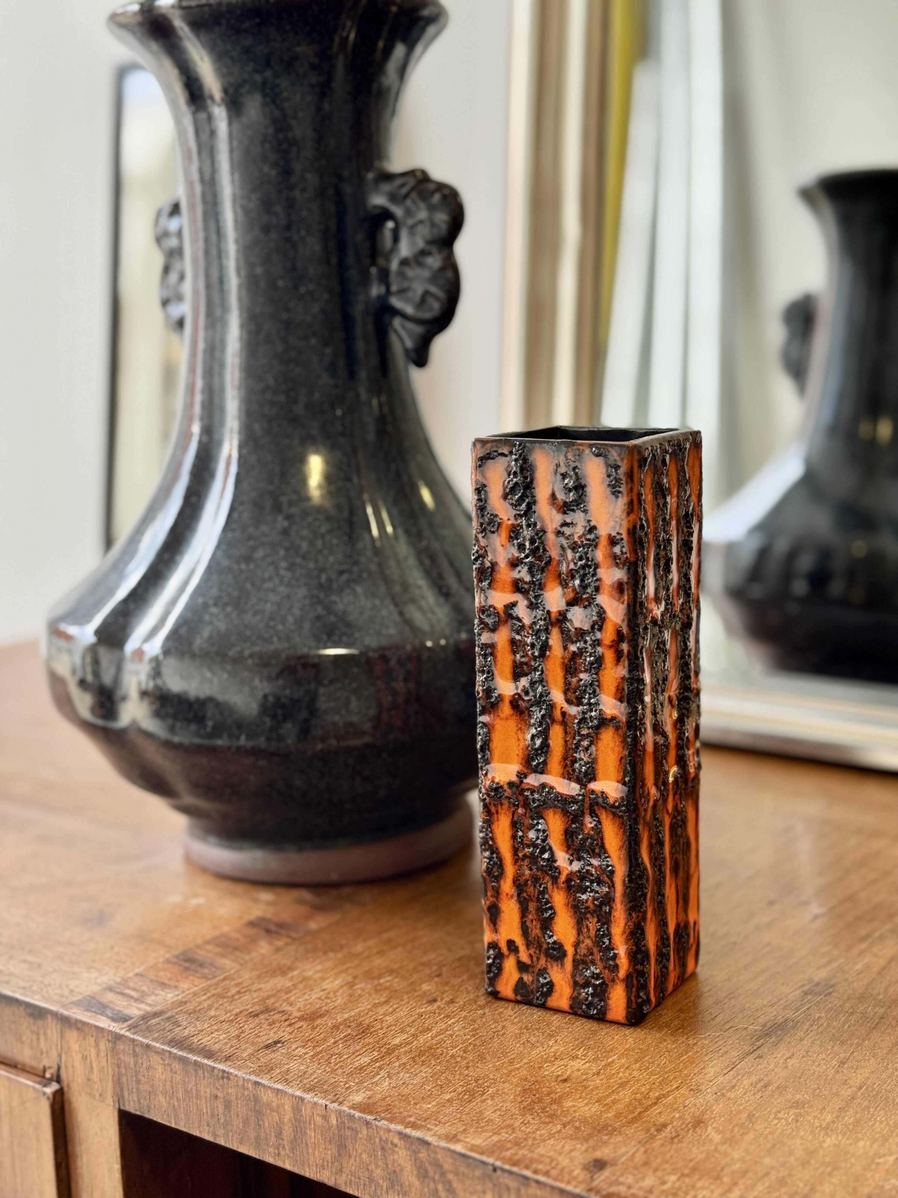 Vintage Orange Square Vase Fat Lava by Scheurich Keramik 423
