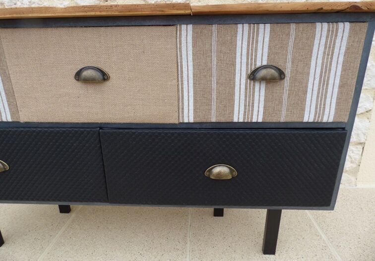 Console with raw wood top and 5 drawers in burlap and imitation leather