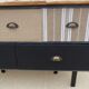 Console with raw wood top and 5 drawers in burlap and imitation leather