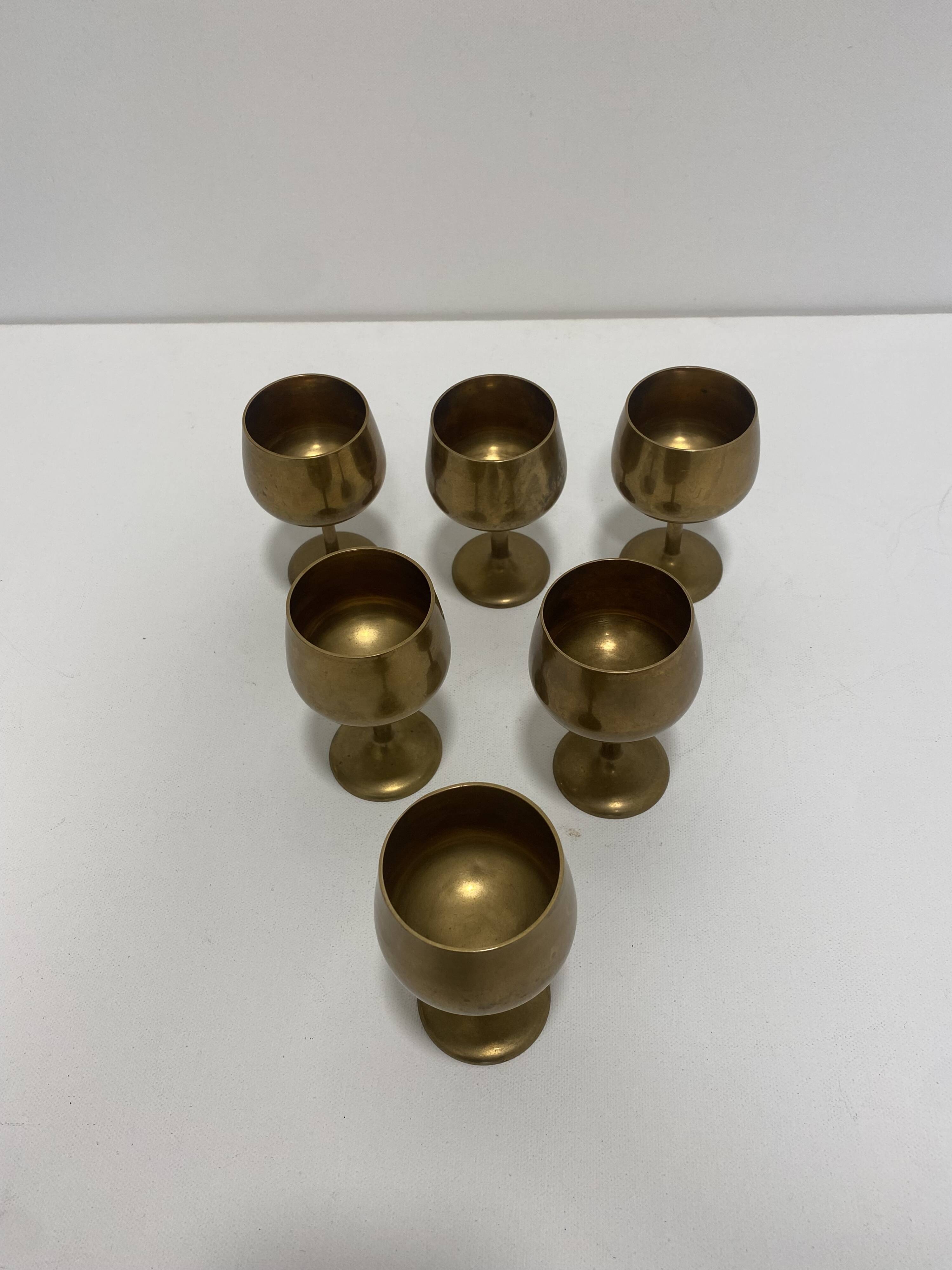 6 Brass Wine Table Goblets Cup Decorative Hollywood Regency Vintage 1960s