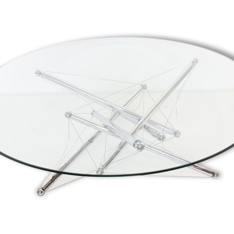 Coffee table in chrome metal and glass by Théodore Waddell, model Tensegrity for Cassina, 70 years