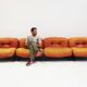 Set of four modular sun loungers by Giuseppe Munari upholstered in cognac leather.
