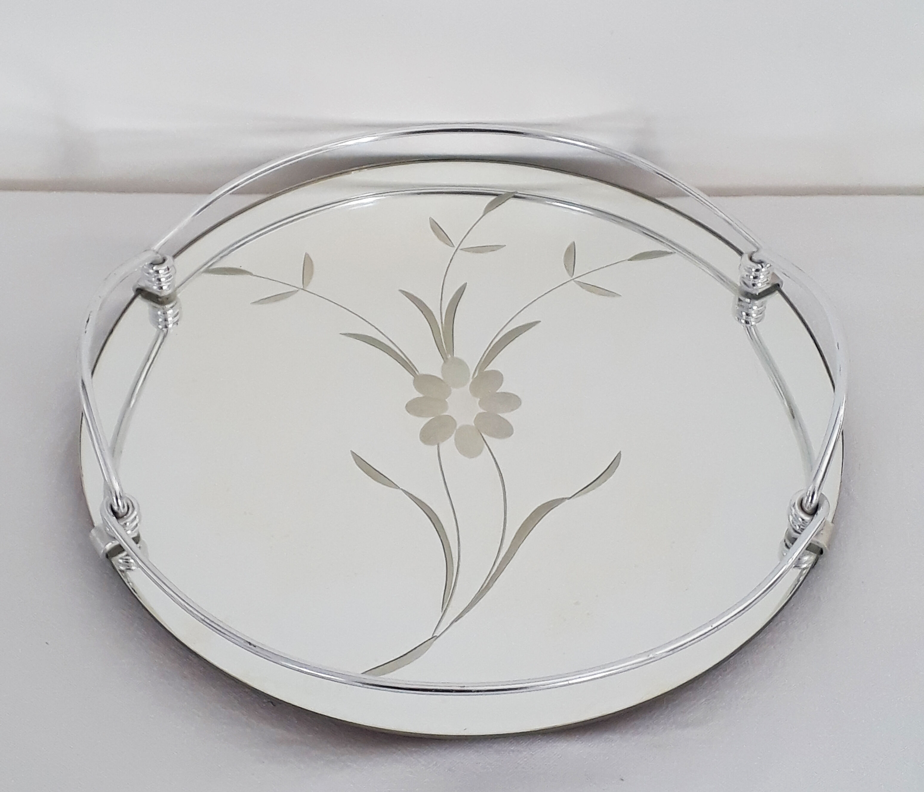 Plateau miroir vintage art déco gravure florale