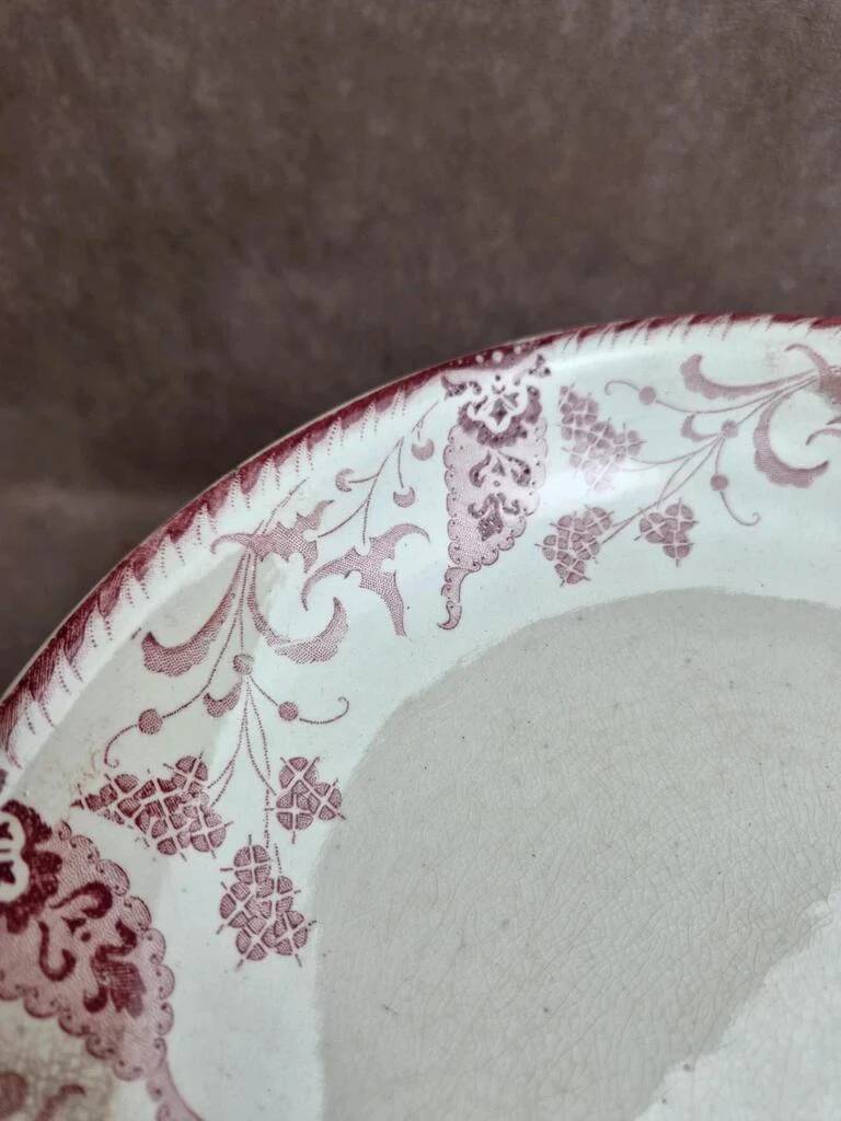Antique compote dish Terre de fer Longwy Rambouillet model – burgundy decoration