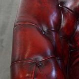 Set of a Red Cowhide Leather Chesterfield Club Chair and Side Table
