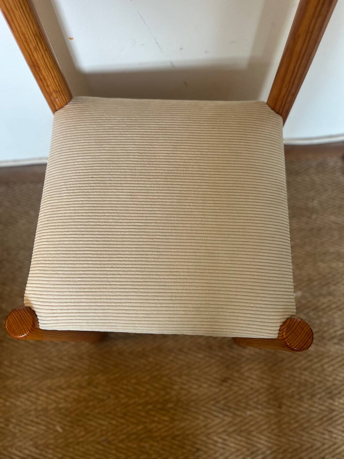 Vintage wooden chair with cream white corduroy seat