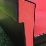 Vintage sofa 3 places convertible, red fabric and black skaï.1960s.