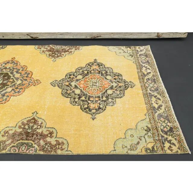 1970s Turkish Oushak Handmade Wool Cotton Yellow Runner 96x385