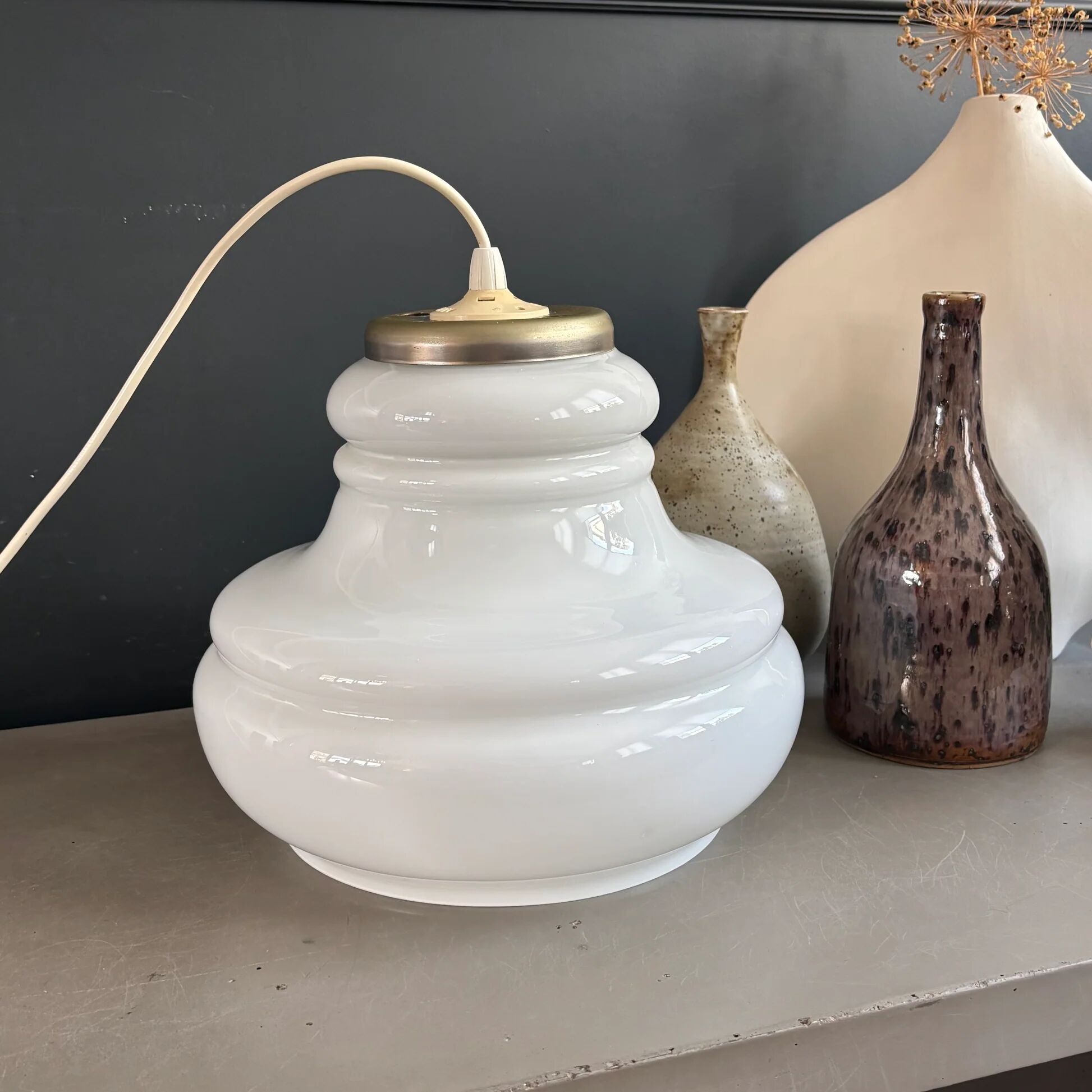 Suspension vintage en verre blanc