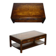 Vintage Military Campaign Coffee Table in Brass and Hardwood with Drawers