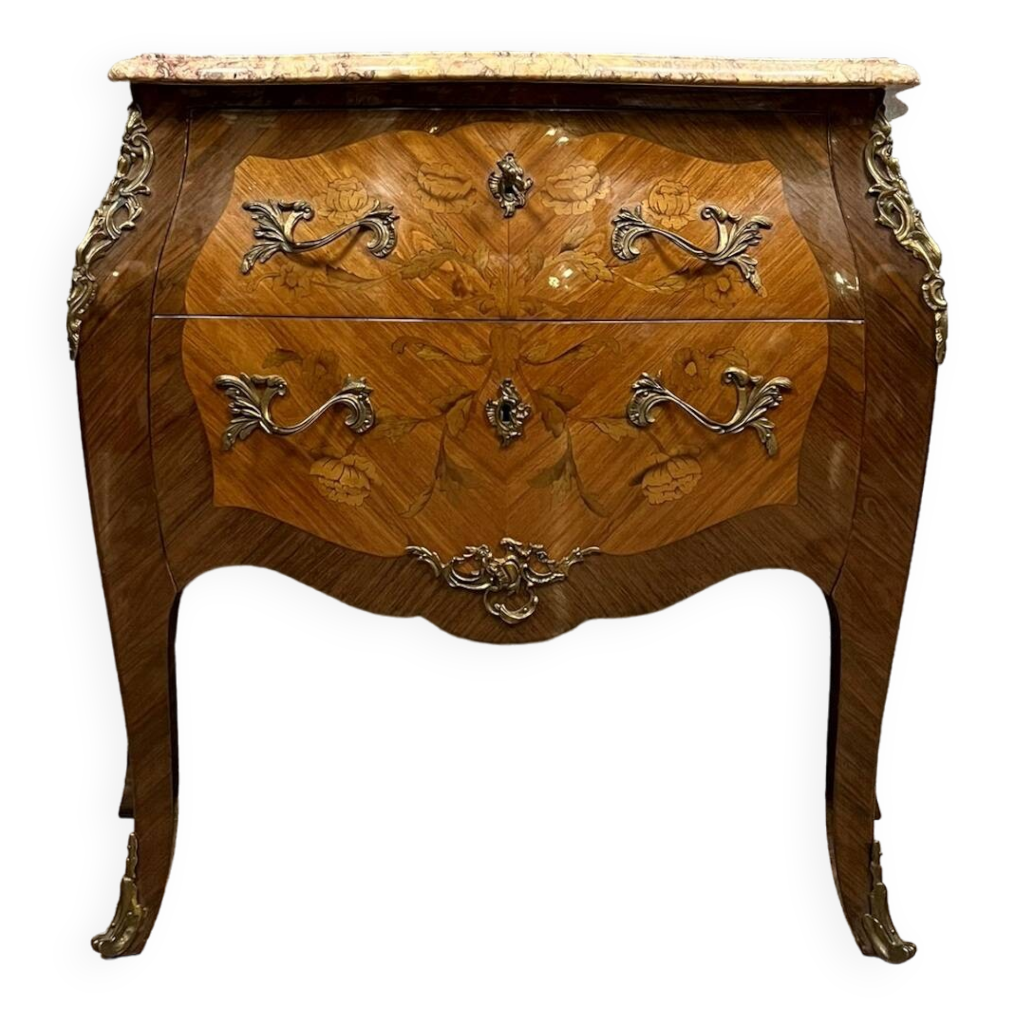 Louis XV style curved chest of drawers in marquetry