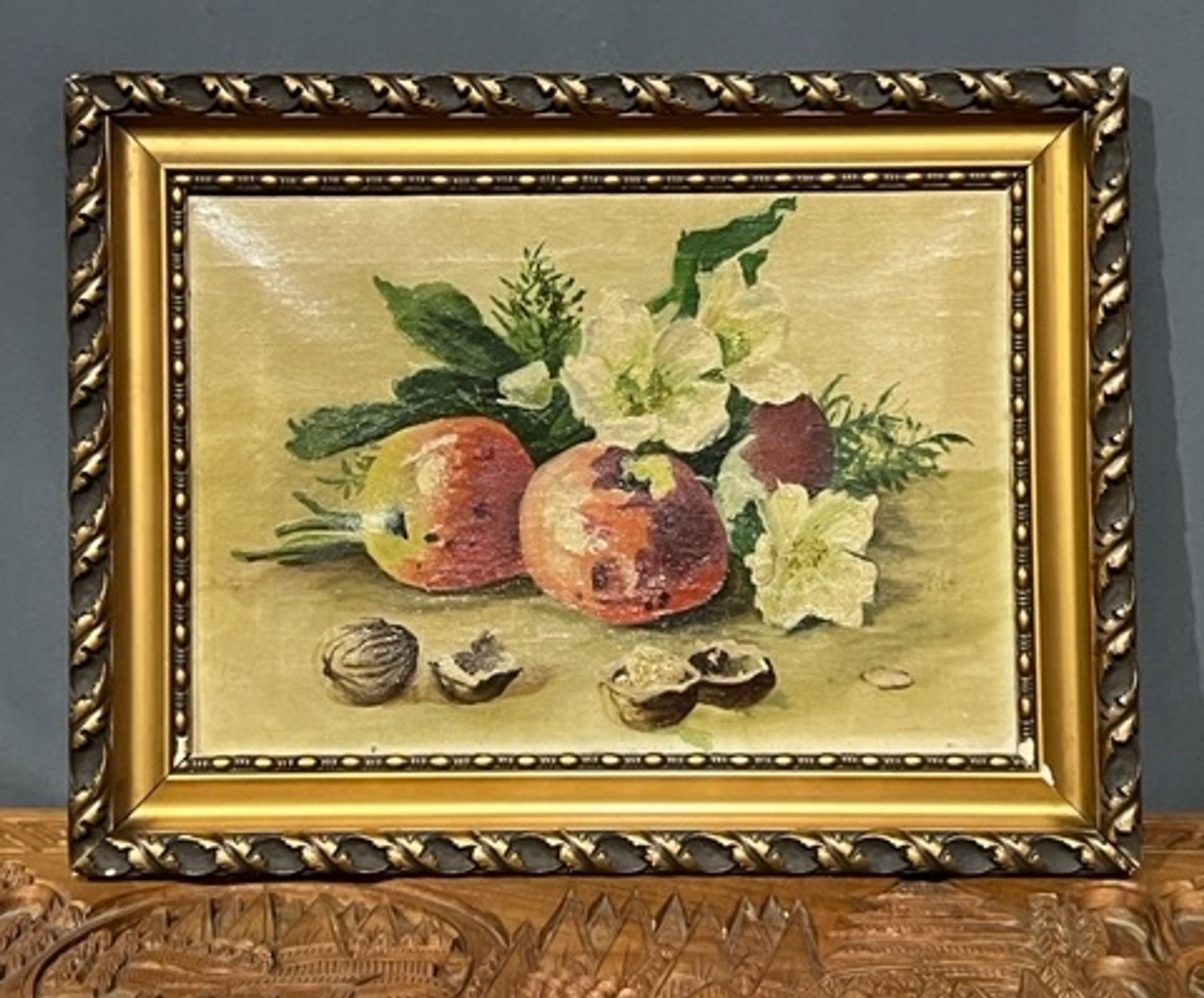 Nature morte aux fruits et fleurs.