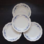 4 assiettes plates vintage en faïence banche et bleue - Décor fleuri