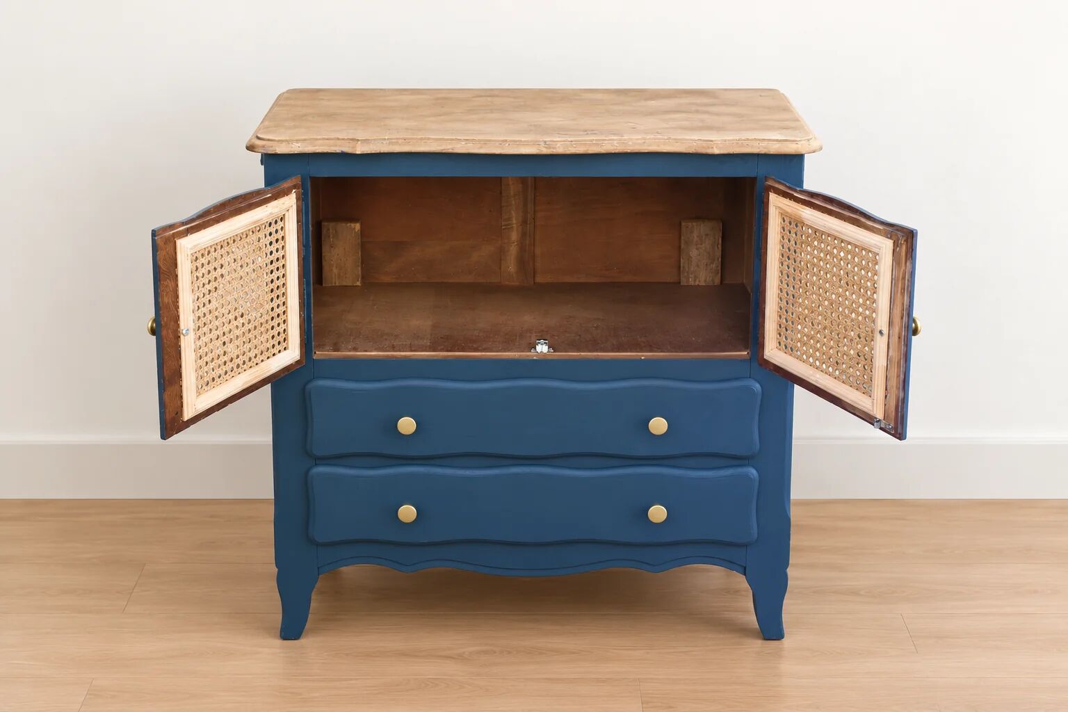 Small renovated vintage buffet in blue from Vosges, Libéron and caning – 2 doors, 2 drawers
