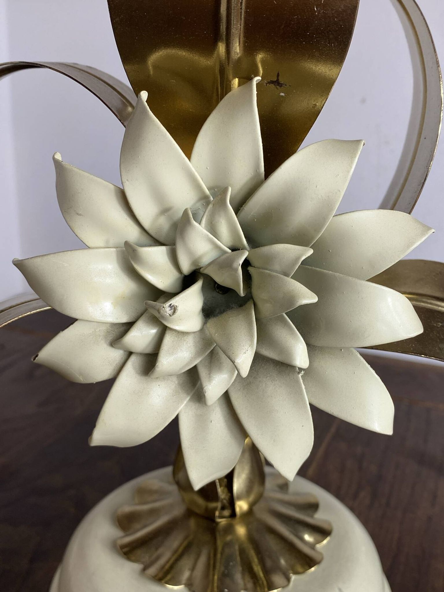 Brass lamp, metal and mother-of-pearl